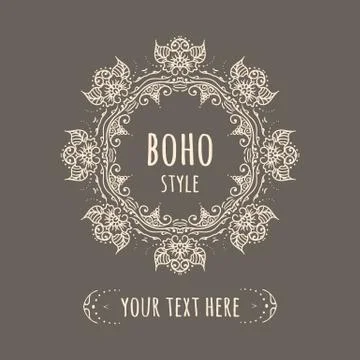 Hand drawn Boho style frame teal background with place text. Circle Boho wreath 스톡 일러스트