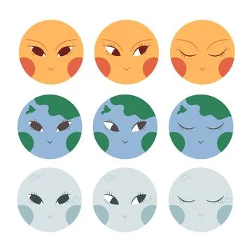 Hand drawn boho Sun, Moon and Earth planet icons with human face Stock Illustration