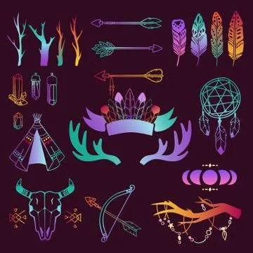 Hand drawn boho vector design elements set. Wild style labels with vintage Illustrazione stock