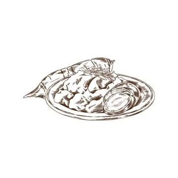 Hand-drawn boiled potatoes in a plate, cut into round pieces and whole. Stock Illustration