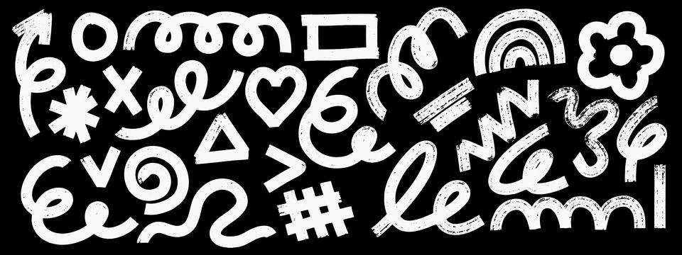 Hand drawn bold brush squiggles with thick wavy lines, flower, rainbow, sta.. Stock Illustration