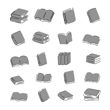 Hand drawn book icons set open and closed books stack textbook library Stock Illustration