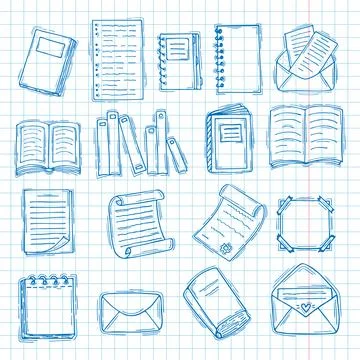 Hand drawn books, documents, notebook and sheets of paper. Blue ink, outlin.. Stock Illustration