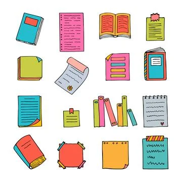 Hand drawn books, documents, notebook and sheets of paper. Library, booksto.. Illustrazione stock