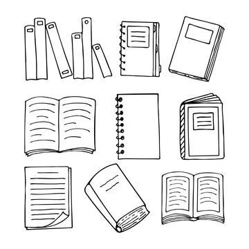 Hand drawn books, documents, notebook and sheets of paper. Library, bookstore Illustrazione stock