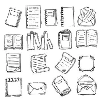 Hand drawn books, documents, notebook and sheets of paper. Sketch. Stationery Stock Illustration
