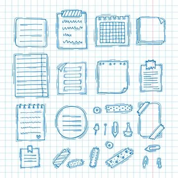 Hand drawn books, notebook, documents and sheets of paper. Blue ink, outlin.. Stock Illustration