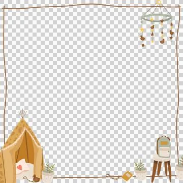 Hand-drawn border framing tent with pillow, plush, plants, backpack, book, Stock Illustration