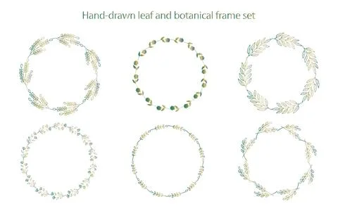 Hand-Drawn Botanical Circular Frame Set with Green Gradation Stock Illustration