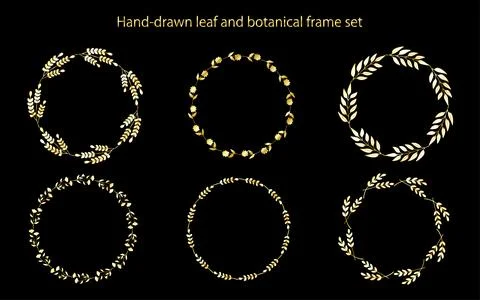 Hand-Drawn Botanical Circular Frame Set in Gold Gradation Stock Illustration