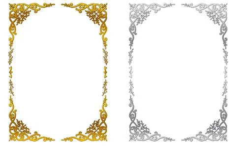 Hand-Drawn Botanical Decorative Frame Set in Gold and Silver Gradient 스톡 일러스트
