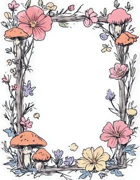 Hand-Drawn Botanical Frame with Pink Flowers, Mushrooms, and Rustic Branches Stock Illustration