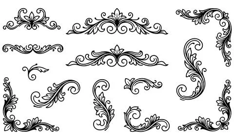 Hand drawn botanical scrollwork with leaf clusters and elegant corner flour.. Stock Illustration