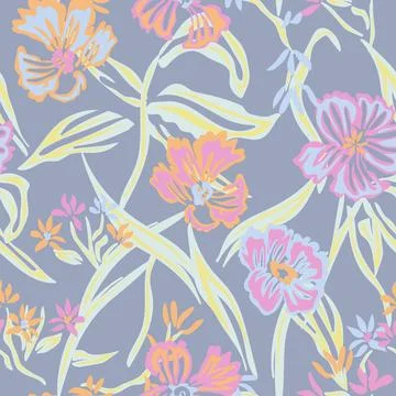 Hand drawn botanical textile pattern design in purple for fashion and home .. Stock Illustration