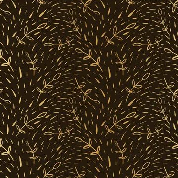 Hand drawn branches with leaves seamless pattern, abstract gold botanical ele Stock Illustration