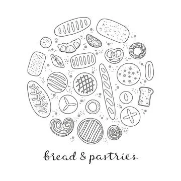 Hand drawn bread and pastries in circle. Illustrazione stock