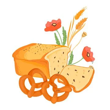 Hand drawn bread and wheat ears for bakery emblems and packaging prints, flat Stock Illustration