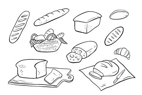 Hand drawn bread doodles featuring bakery sketches. Vector food illustrations Stock Illustration