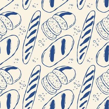Hand drawn bread pattern with baguettes and round loaves Stockillustratie