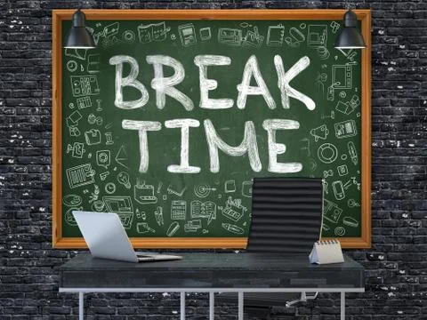 Hand Drawn Break Time on Office Chalkboard Stock Illustration