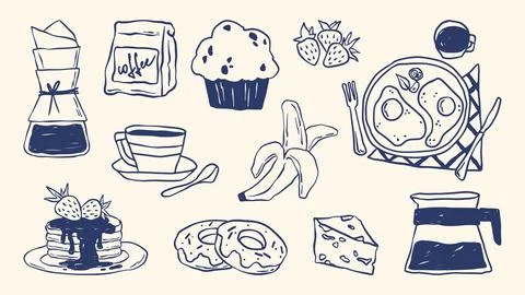 Hand drawn breakfast doodle icon set Stock Illustration