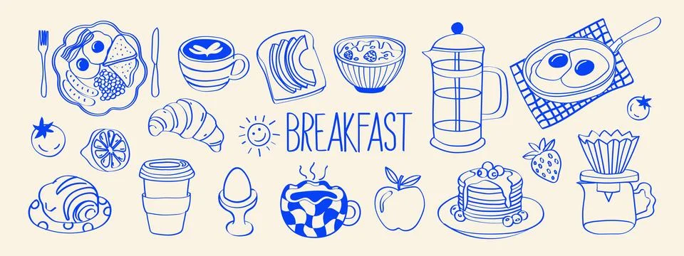 Hand drawn breakfast doodle vector set with food and coffee icons. Chalk an.. Stock Illustration