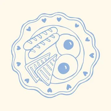 Hand drawn breakfast plate with fried eggs, sandwich and sausages in blue Stock Illustration