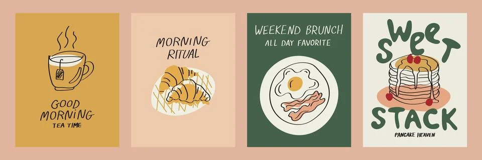 Hand drawn breakfast vector set in doodle chalk and crayon style. Minimalis.. Stock Illustration