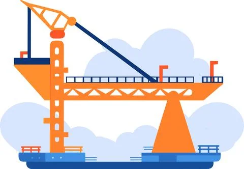 Hand Drawn Bridge with crane under construction in flat style Illustrazione stock