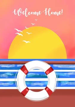 Hand-drawn bright stylized illustration of a sunset ocean horizon view Stock Illustration