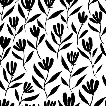 Hand drawn brush flower vector seamless pattern. Stock Illustration