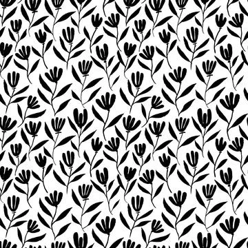 Hand drawn brush flower vector seamless pattern. Stock Illustration