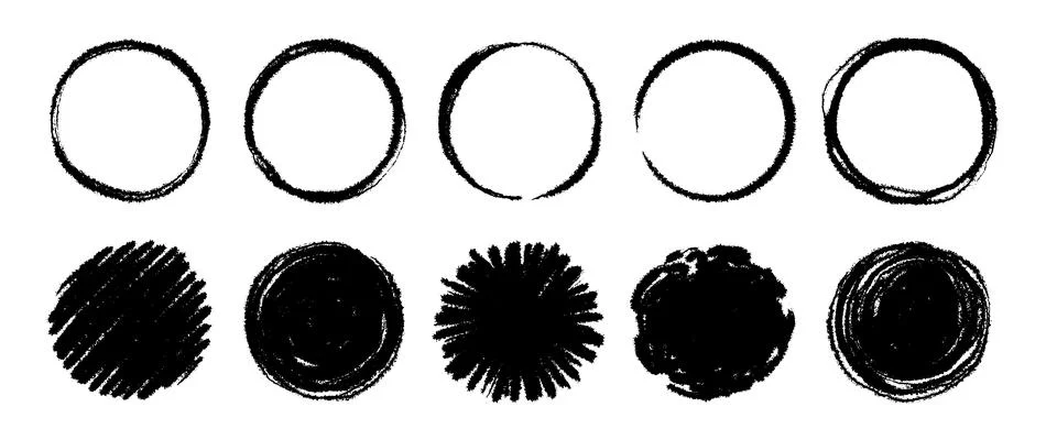 Hand drawn brush round vector set. Crayon pencil brush stroke black round shape 스톡 일러스트