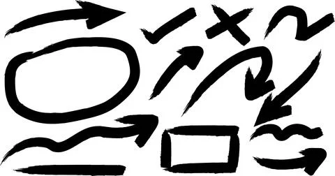 Hand drawn brush strokes with arrows, checkmark, cross, circle, and underli.. Stock Illustration