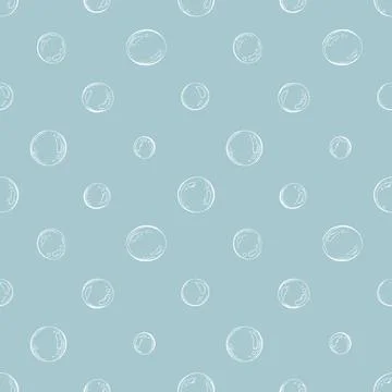 Hand drawn bubble on blue background, seamless pattern, line art graphic style Stock Illustration