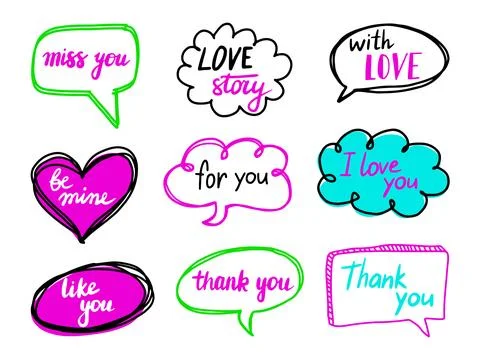 Hand drawn bubble talk phrases set. Valentines day clouds with different words Stock Illustration
