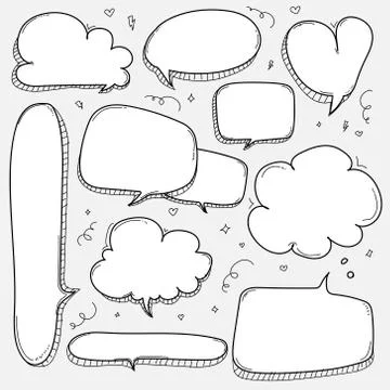 Hand Drawn Bubbles Set. Doodle Style Comic Balloon, Cloud, Heart Shaped Design 스톡 일러스트