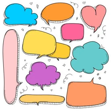 Hand Drawn Bubbles Set. Doodle Style Comic Balloon, Cloud, Heart Shaped Design E 스톡 일러스트