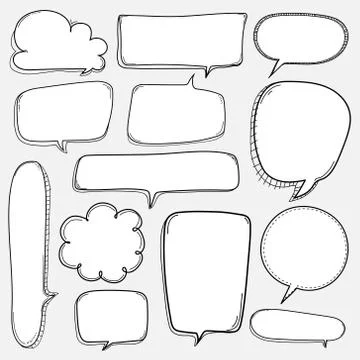 Hand Drawn Bubbles Set. Doodle Style Comic Balloon, Cloud, Heart Shaped Design E 스톡 일러스트