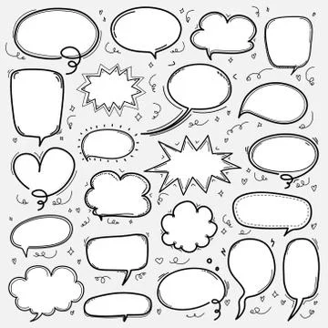 Hand Drawn Bubbles Set. Doodle Style Comic Balloon, Cloud Shaped Design Elements Stock Illustration