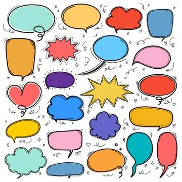 Hand Drawn Bubbles Set. Doodle Style Comic Balloon, Cloud Shaped Design Elements Stock Illustration