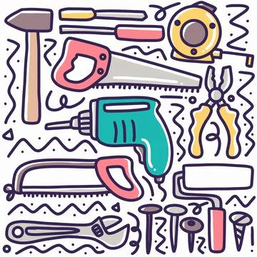Hand drawn builder equipment doodle set Stock Illustration