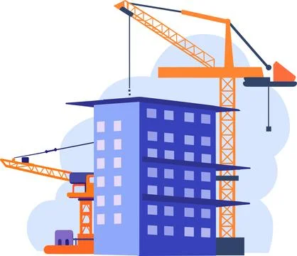 Hand Drawn Building with crane under construction in flat style Illustrazione stock
