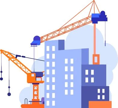 Hand Drawn Building with crane under construction in flat style Illustrazione stock