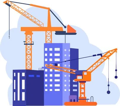 Hand Drawn Building with crane under construction in flat style Illustrazione stock