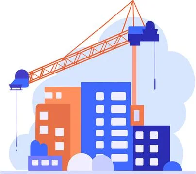Hand Drawn Building with crane under construction in flat style Illustrazione stock