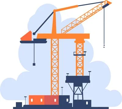 Hand Drawn Building with crane under construction in flat style Illustrazione stock