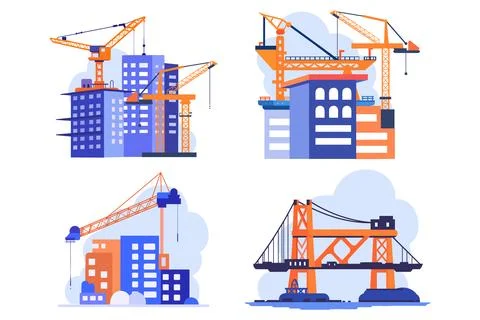 Hand Drawn Building with crane under construction in flat style Illustrazione stock