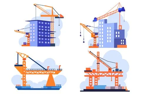Hand Drawn Building with crane under construction in flat style Stock Illustration