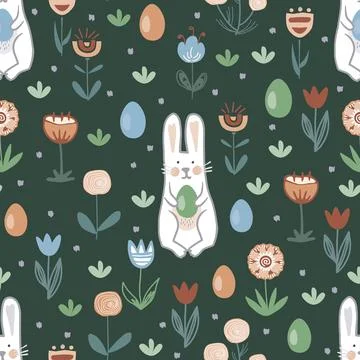 Hand drawn bunnies, Easter eggs and doodle flowers on dark green background Stock Illustration